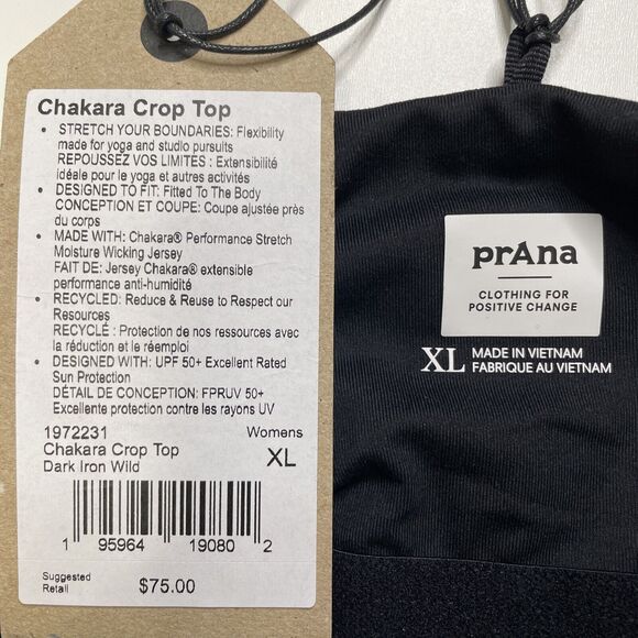 Prana Crop Top Sports Bra Adjustable UPF 50+ Chakara Dark Iron Wild XL NWT - Picture 7 of 12